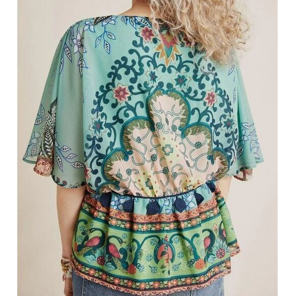 New FARM RIO Anthropologie BOHO Green Floral Idiya V-Neck Blouse Size S - Picture 2 of 8